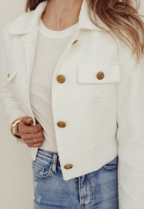 LYNN - Tweed Cropped Blazer in White