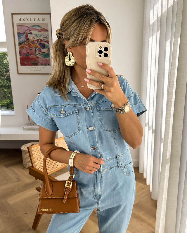 DAWSON - Denim Short Sleeve Jumpsuit in Blue