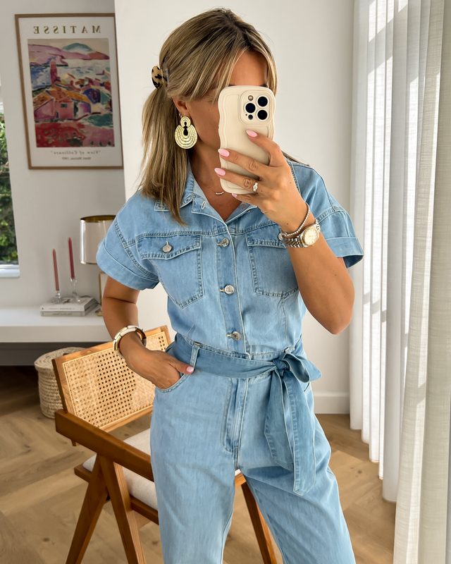 DAWSON - Denim Short Sleeve Jumpsuit in Blue
