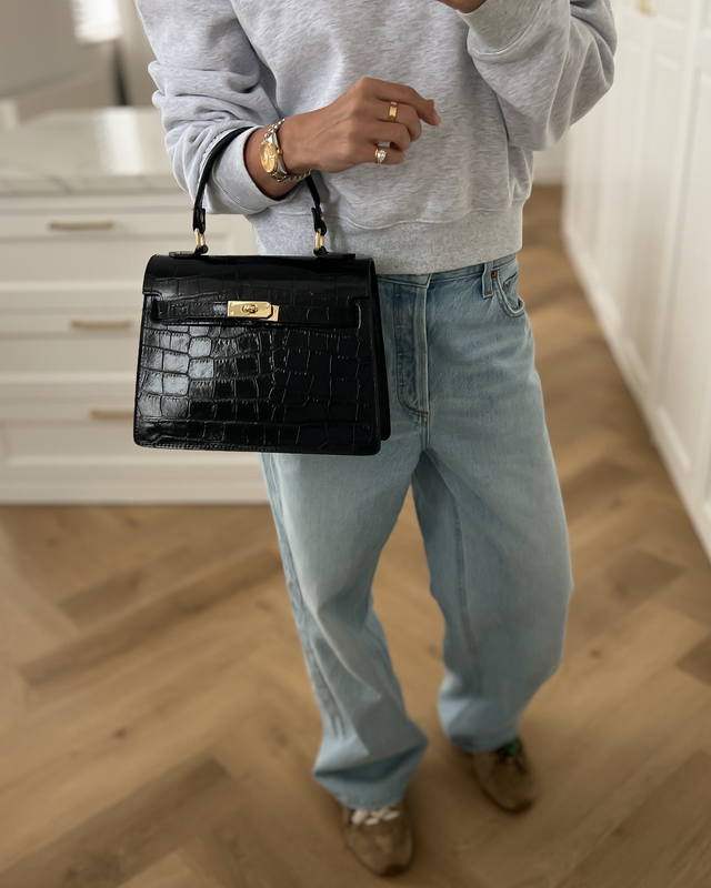 KELSEY - Croco Real Leather Bag in Black