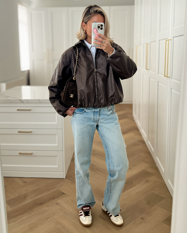 BODINE - Woven Faux Leather Bomber Jacket in Brown