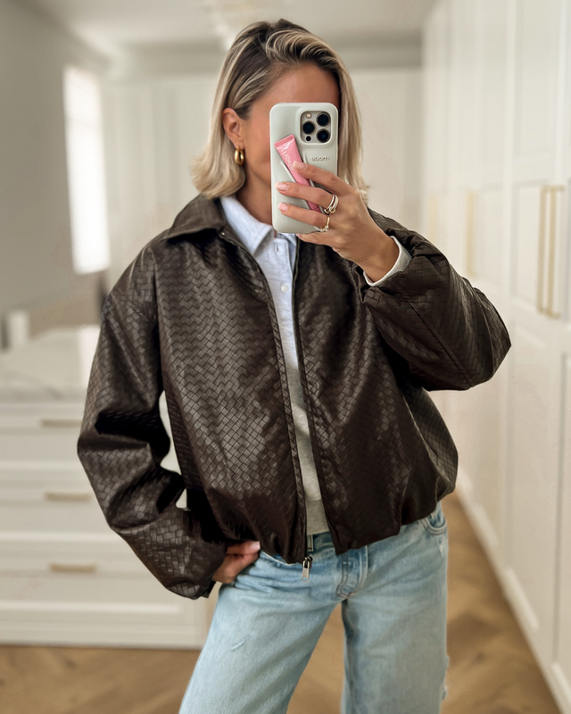 BODINE - Woven Faux Leather Bomber Jacket in Brown