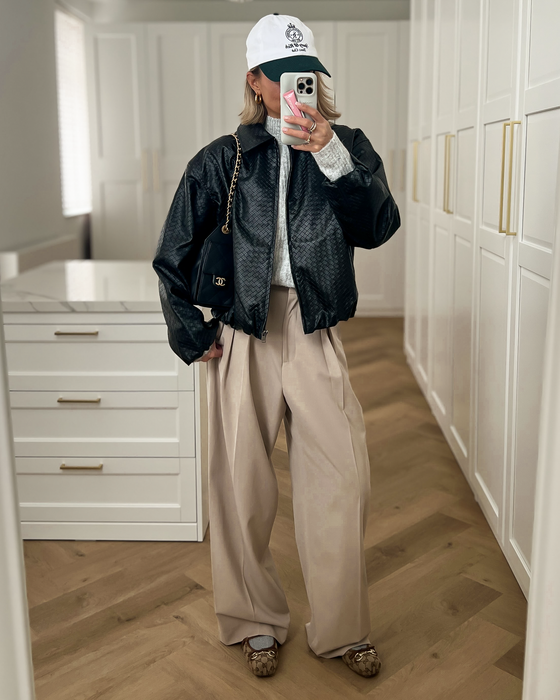 BODINE - Woven Faux Leather Bomber Jacket in Black