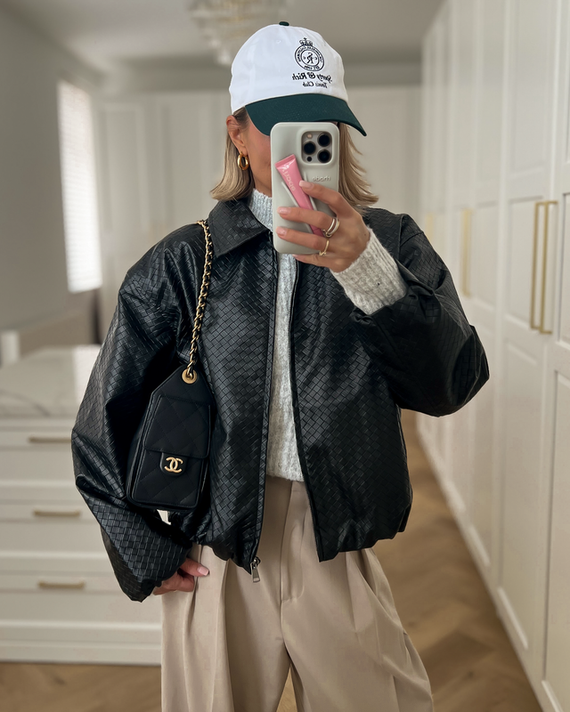 BODINE - Woven Faux Leather Bomber Jacket in Black