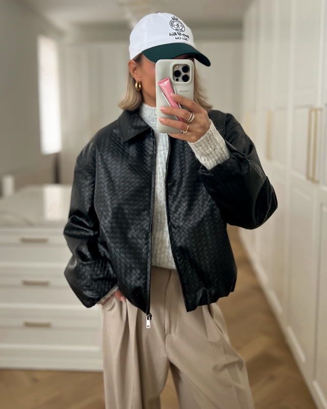 BODINE - Woven Faux Leather Bomber Jacket in Black