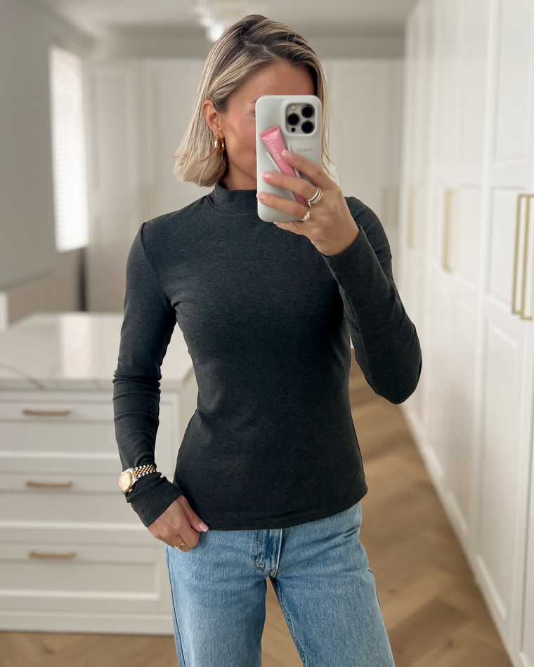 KIM - Turtleneck Long Sleeve Top in Dark Grey