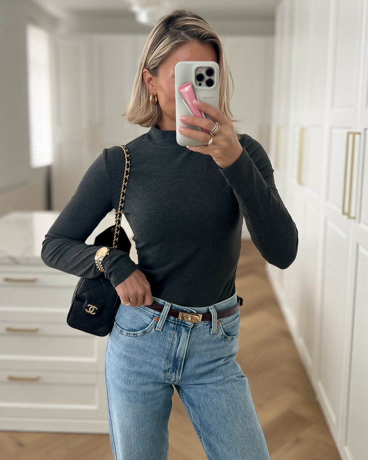 KIM - Turtleneck Long Sleeve Top in Dark Grey