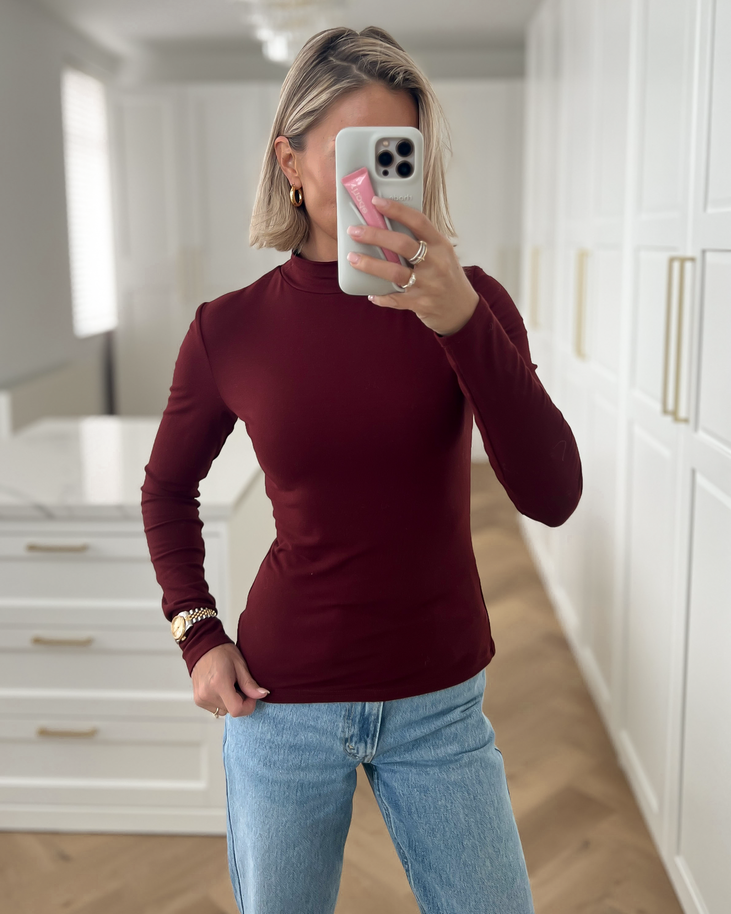 KIM - Turtleneck Long Sleeve Top in Burgundy