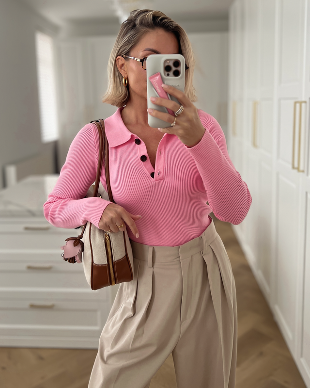 MAEVE - Polo Longsleeve Top in Pink