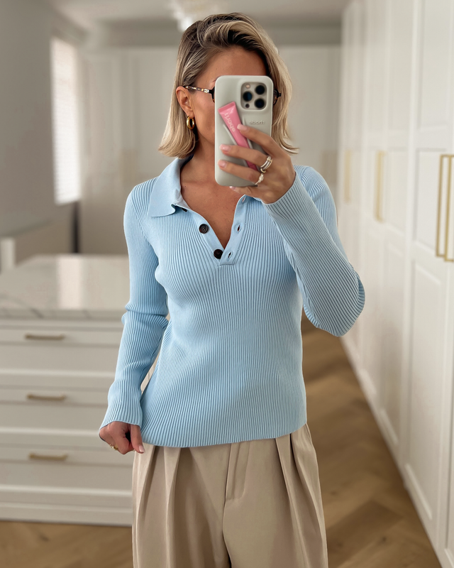 MAEVE - Polo Longsleeve Top in Sky Blue