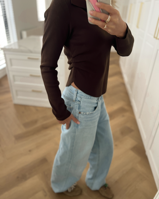SALE - BROOKE Ruched Polo Longsleeve Top in Brown