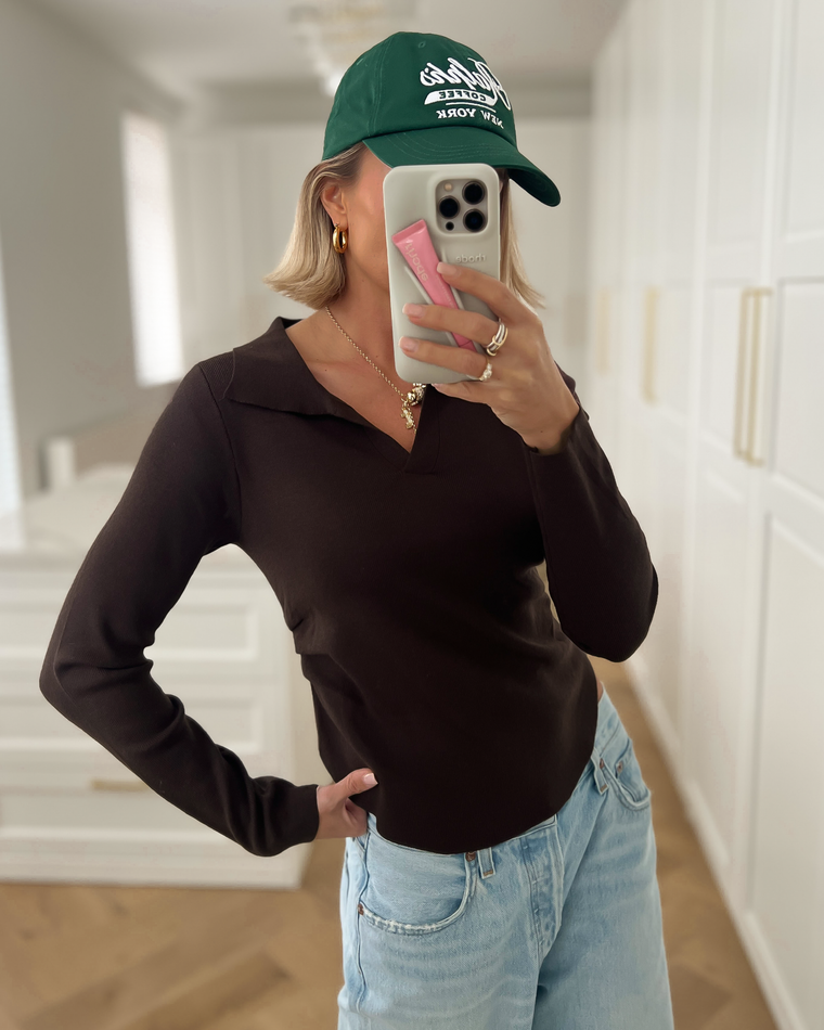 BROOKE - Ruched Polo Longsleeve Top in Brown