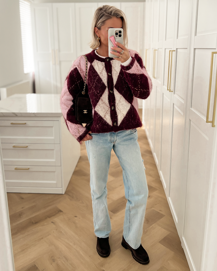 BLAIR - Argyle Cardigan in Burgundy & Pink