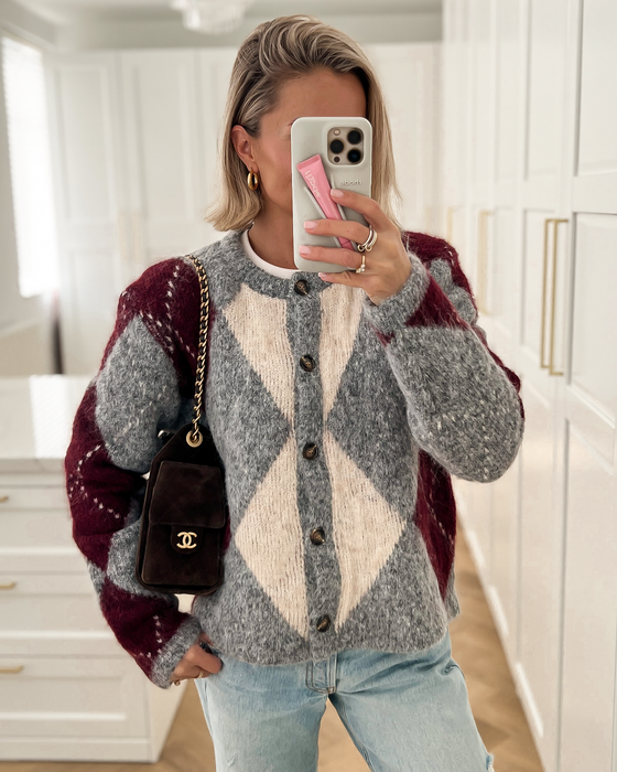 BLAIR - Argyle Cardigan in Grey & Burgundy