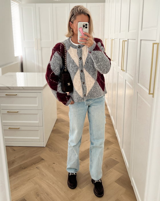 BLAIR - Argyle Cardigan in Grey & Burgundy