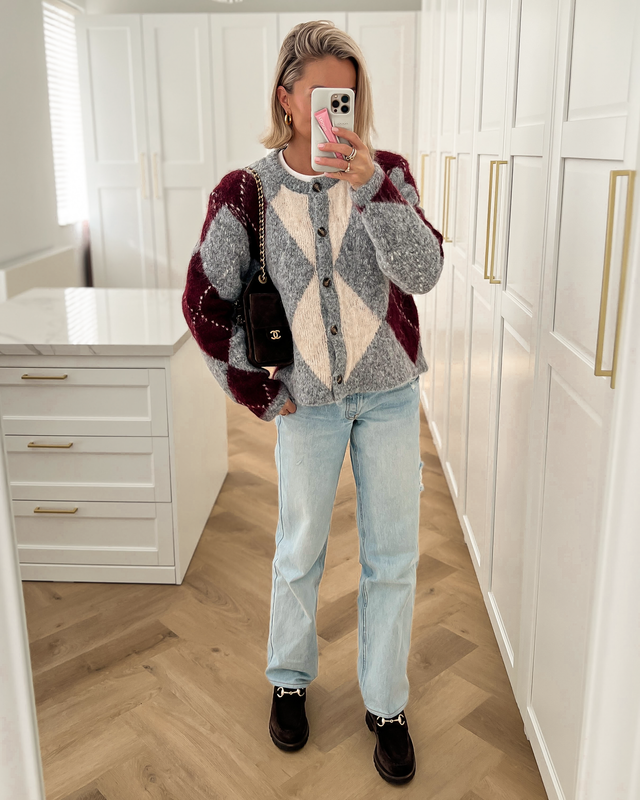 BLAIR - Argyle Cardigan in Grey & Burgundy