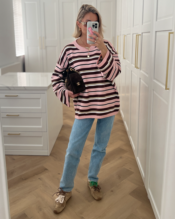 JOSH - Striped Longsleeve Sweater in Light Pink & Brown