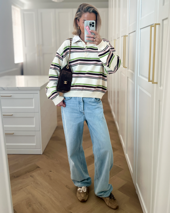 CARTER - Collar Striped Polo Top in Off White & Green