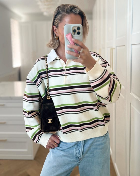 CARTER - Collar Striped Polo Top in Off White & Green