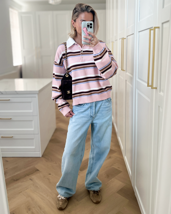 CARTER - Collar Striped Polo Top in Light Pink