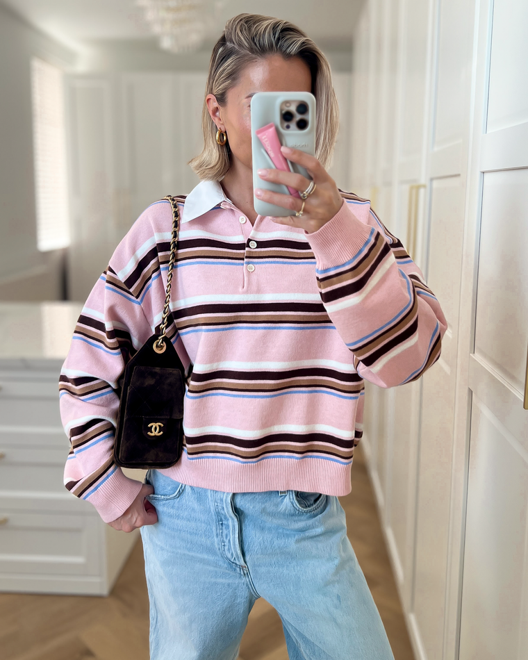 CARTER - Collar Striped Polo Top in Light Pink