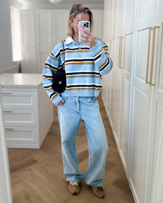 CARTER - Collar Striped Polo Top in Sky Blue