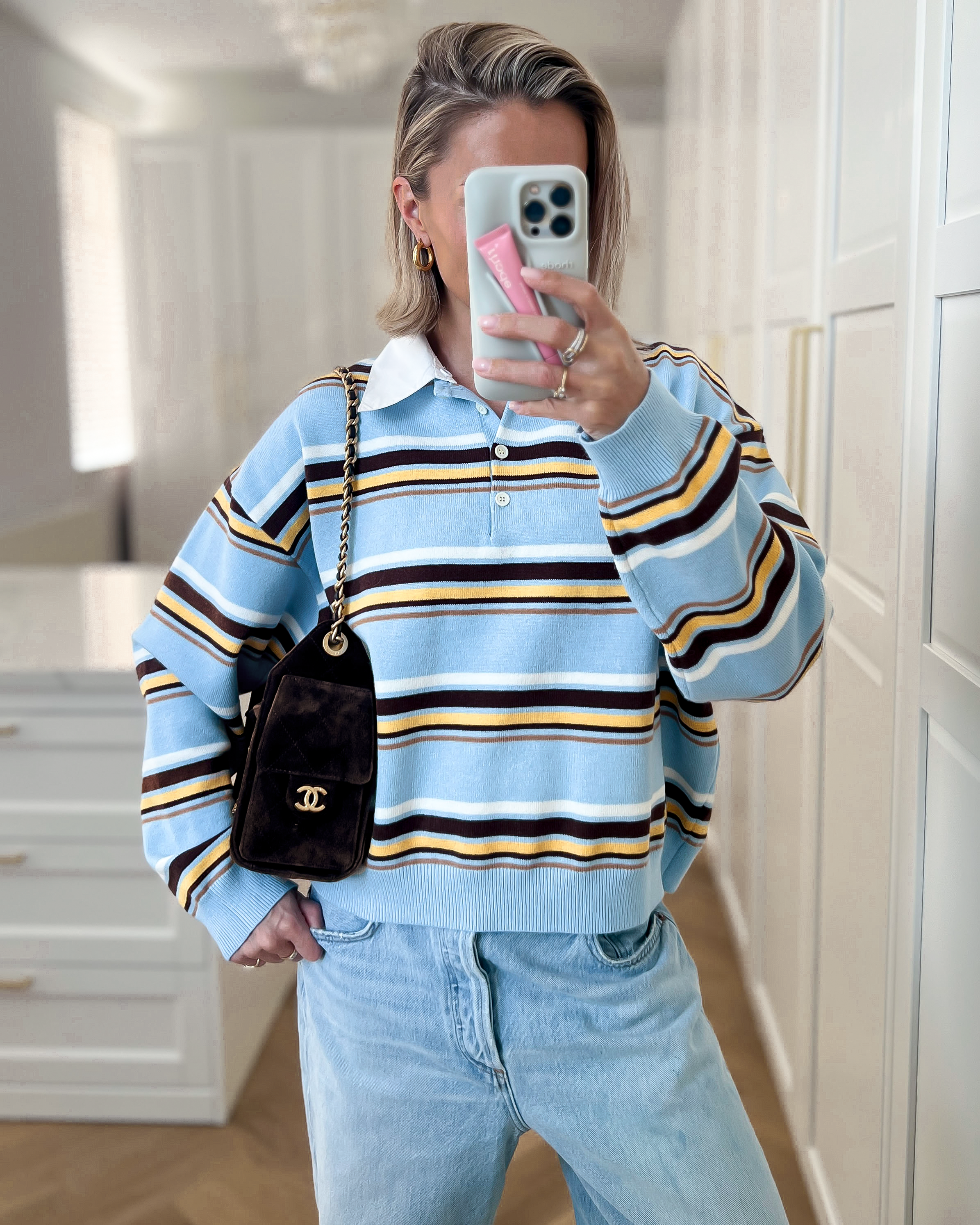 CARTER - Collar Striped Polo Top in Sky Blue