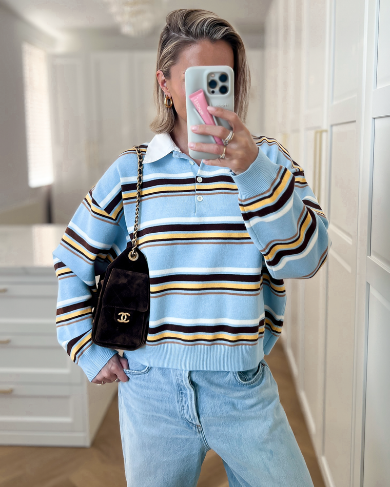 CARTER - Collar Striped Polo Top in Sky Blue