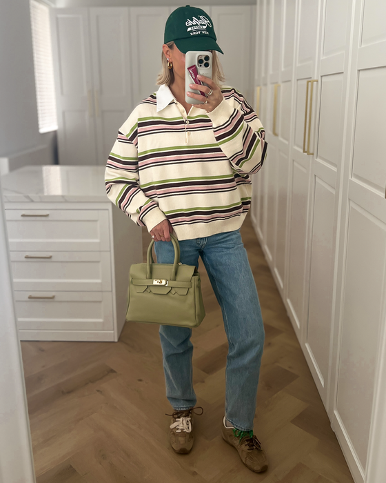 CARTER - Collar Striped Polo Top in Off White & Green