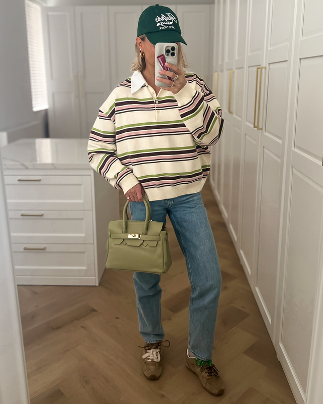 CARTER - Collar Striped Polo Top in Off White & Green