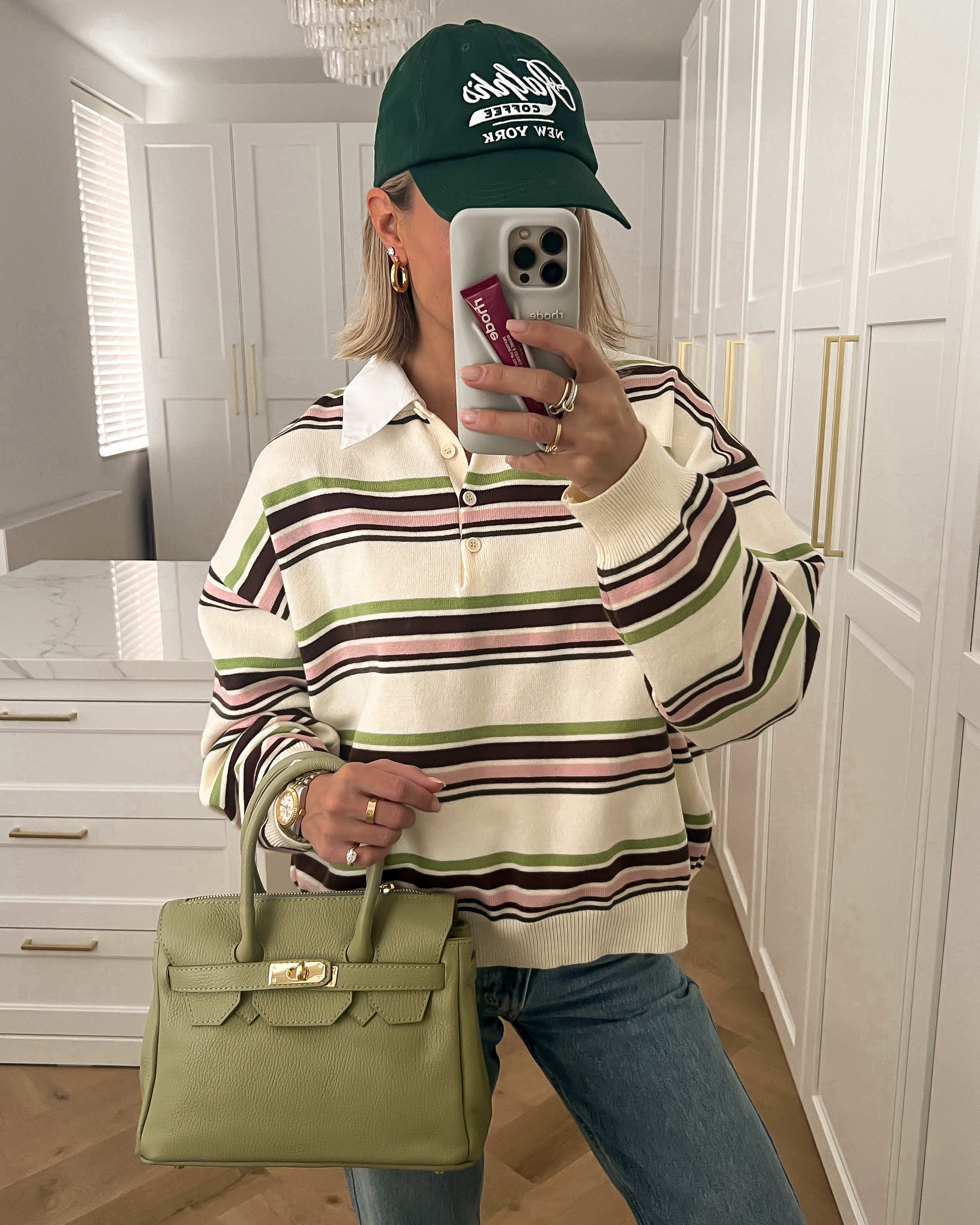 CARTER - Collar Striped Polo Top in Off White & Green