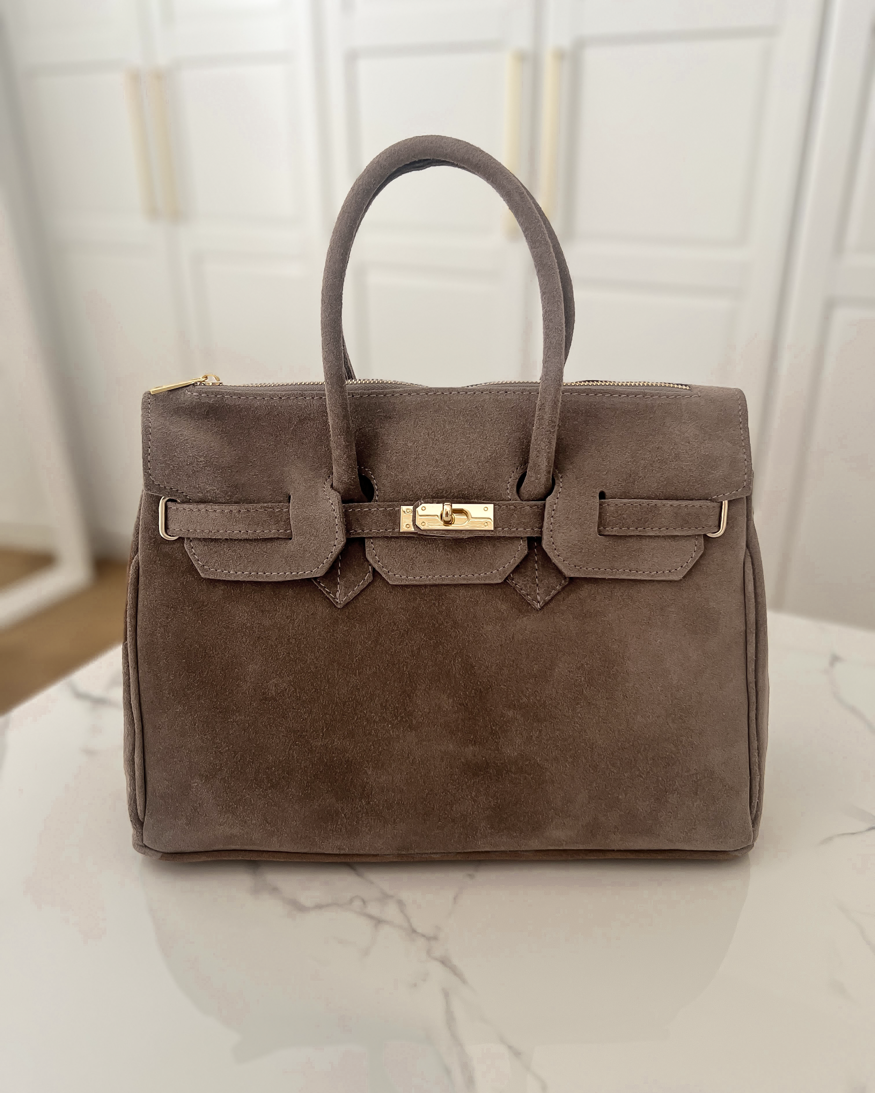 BIRGIT - Large Real Suede Leather Bag in Taupe