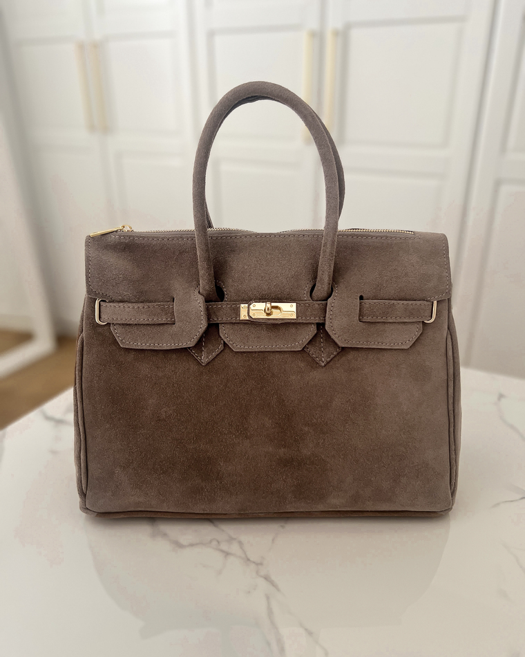 BIRGIT - Large Real Suede Leather Bag in Taupe