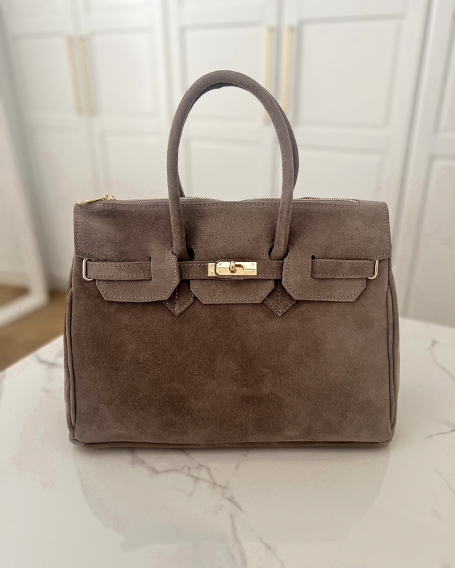 BIRGIT - Large Real Suede Leather Bag in Taupe