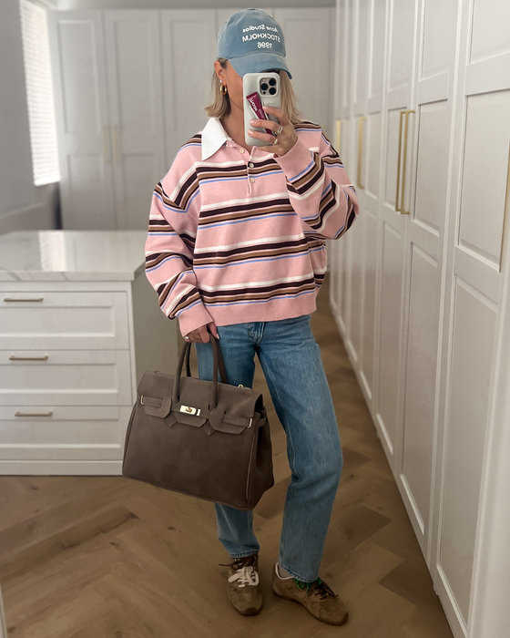 CARTER - Collar Striped Polo Top in Light Pink