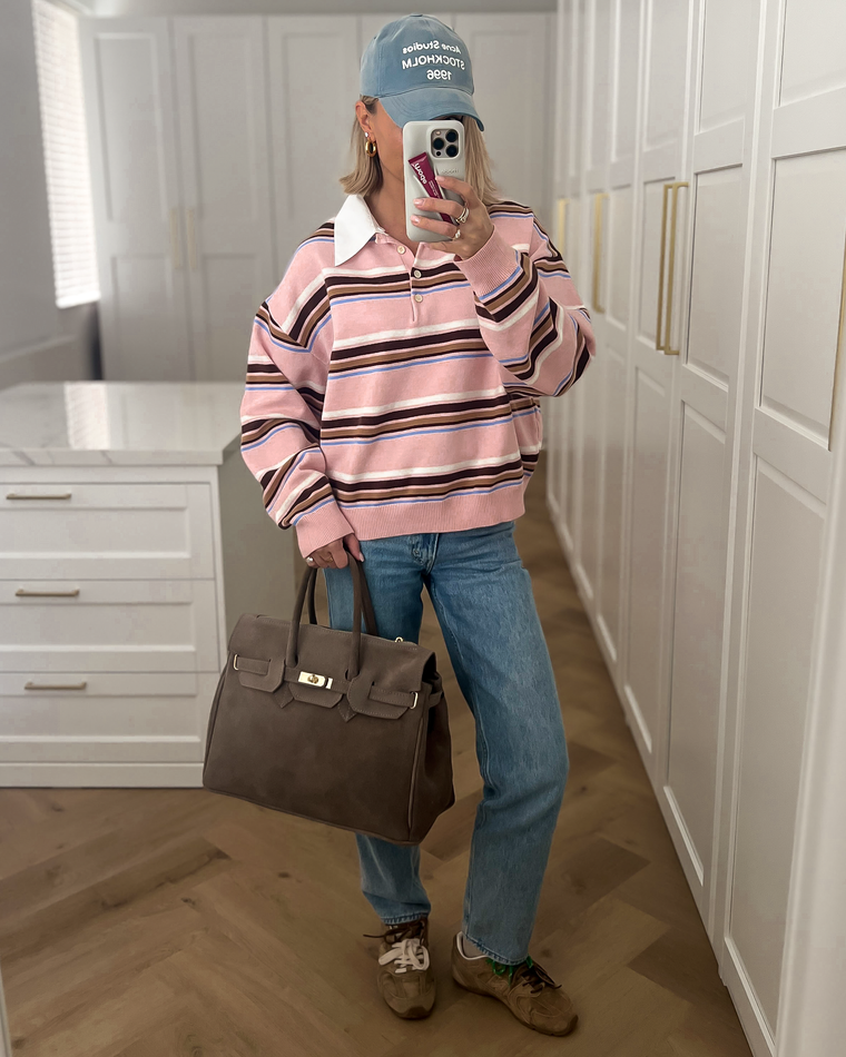 CARTER - Collar Striped Polo Top in Light Pink