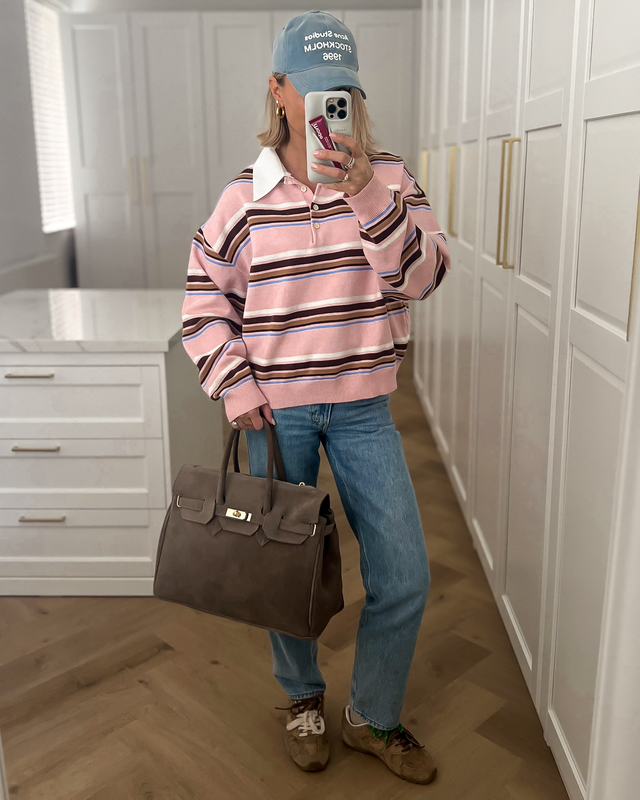 CARTER - Collar Striped Polo Top in Light Pink