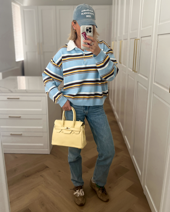 CARTER - Collar Striped Polo Top in Sky Blue