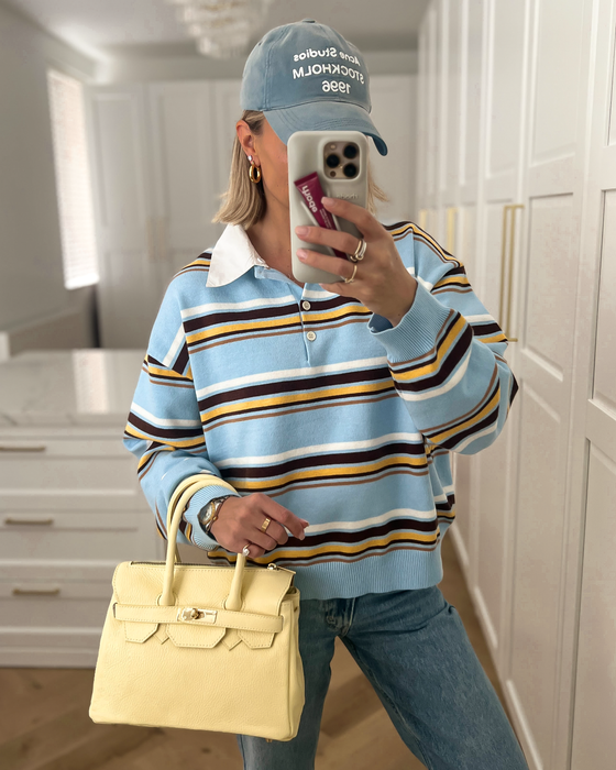 CARTER - Collar Striped Polo Top in Sky Blue