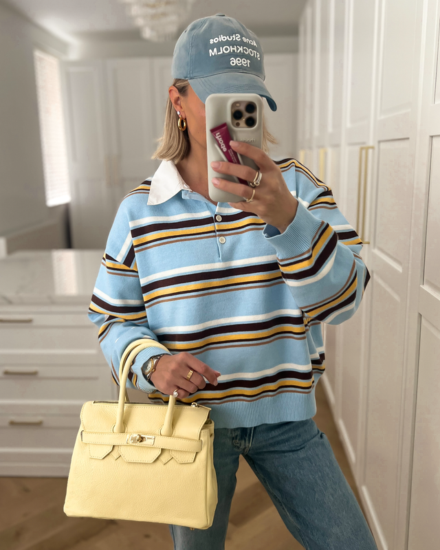 CARTER - Collar Striped Polo Top in Sky Blue