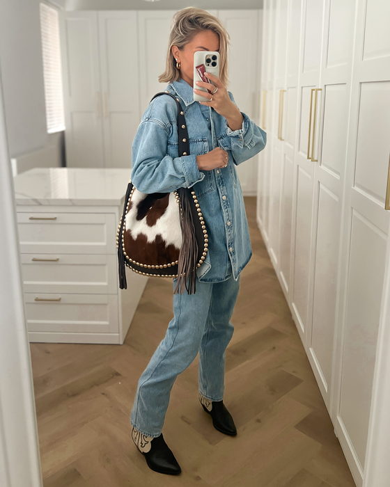 INDIA - Studded Hobo Pony Hair Leather Bag in Cow Print