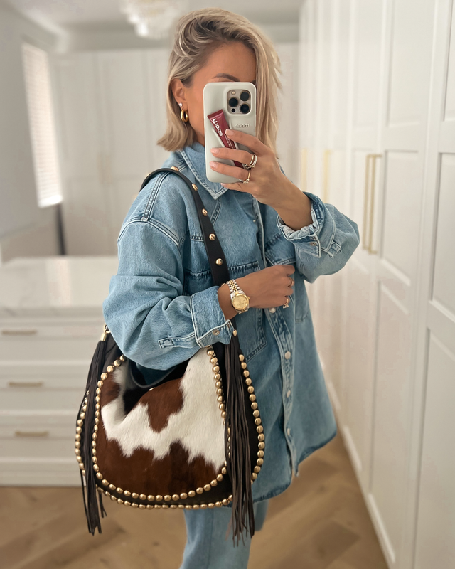 INDIA - Studded Hobo Pony Hair Leather Bag in Cow Print