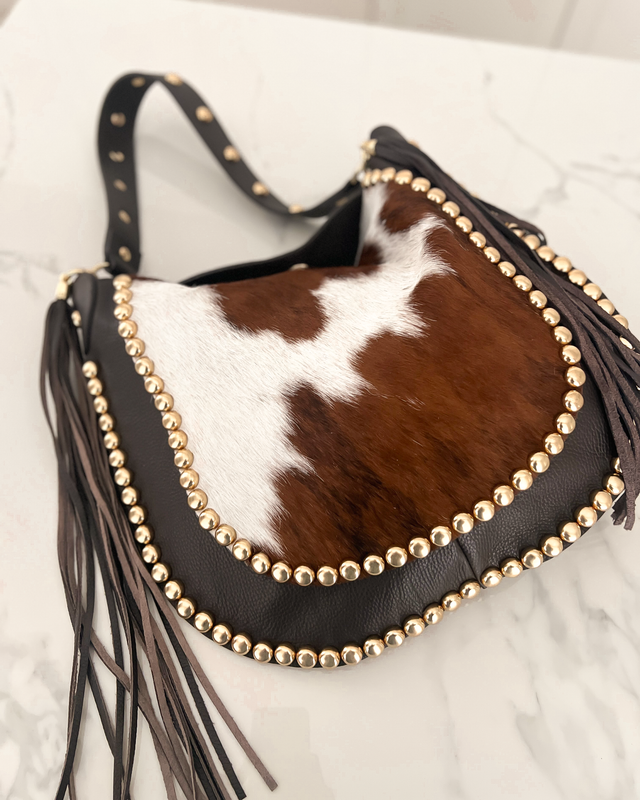 INDIA - Studded Hobo Pony Hair Leather Bag in Cow Print