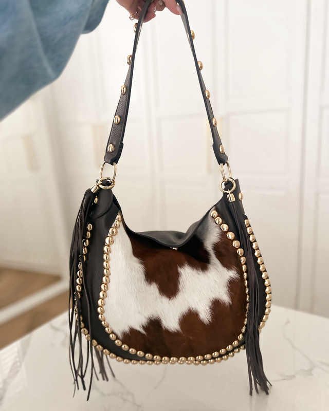 INDIA - Studded Hobo Pony Hair Leather Bag in Cow Print