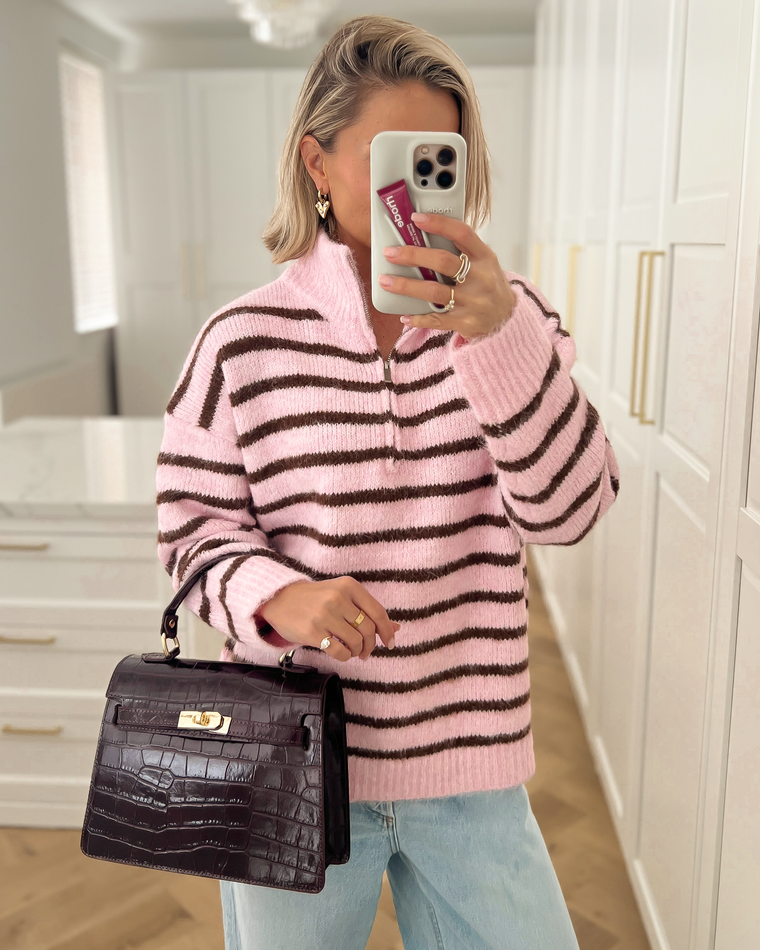 RUMI - Zip Sweater in Light Pink & Brown