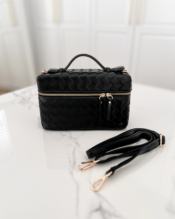 BODIL - Faux Leather Woven Bag in Black