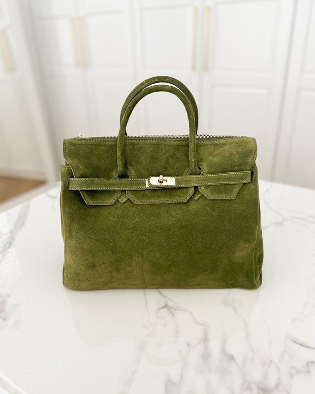 SALE - BIRGIT Large Real Suede Leather Bag in Matcha Green