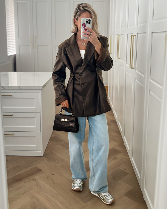 MORGAN - Faux Leather Cinched Blazer in Brown