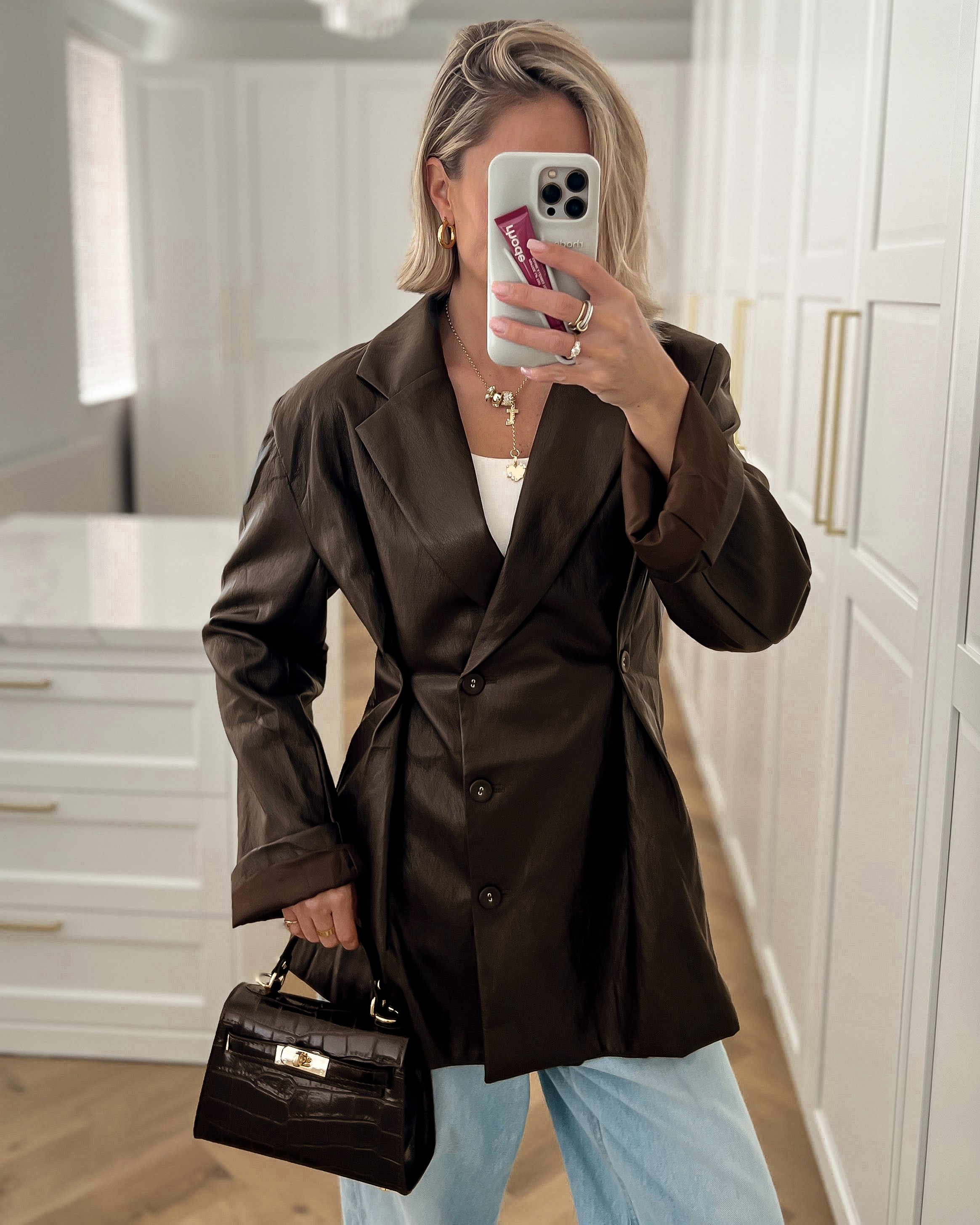 MORGAN - Faux Leather Cinched Blazer in Brown