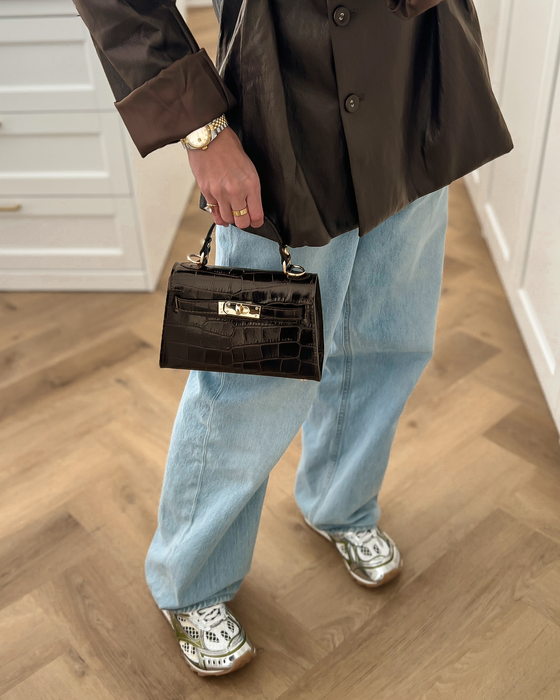 LILY - Mini Croco Real Leather Bag in Dark Brown